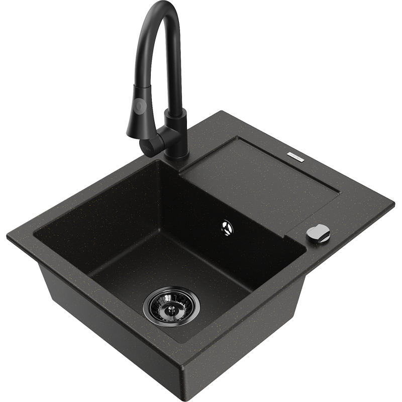Mexen Enzo 1-compartment granite sink with a drip tray and kitchen mixer tap Elia, Black/Gold metallic - 6506-75-670101-70-B