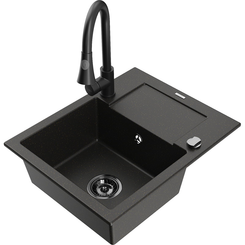 Mexen Enzo granite kitchen sink 1-bowl with drainer and Elia faucet, black/gold metallic - 6506-75-670101-70-B