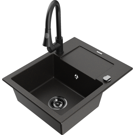 Mexen Enzo granite kitchen sink 1-bowl with drainer and Elia faucet, black/gold metallic - 6506-75-670101-70-B