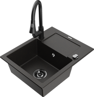 Mexen Enzo granite kitchen sink 1-bowl with drainer and Elia kitchen faucet, black/gold metallic - 6506-75-670101-70-B