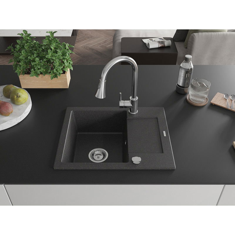 Mexen Enzo 1-bowl granite sink with drainer and Elia kitchen tap, black speckled - 6506-76-670101-00