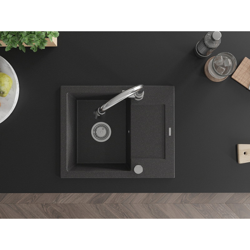 Mexen Enzo granite single-bowl sink with drainer and Elia kitchen faucet, speckled black - 6506-76-670101-00