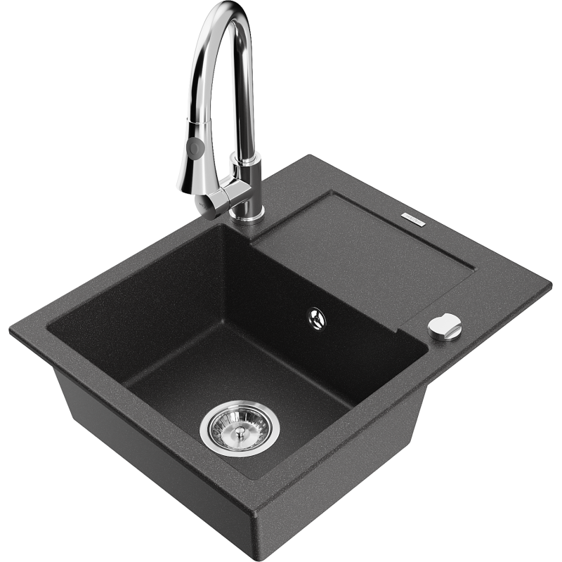 Mexen Enzo 1-bowl granite sink with drainer and Elia kitchen tap, black speckled - 6506-76-670101-00