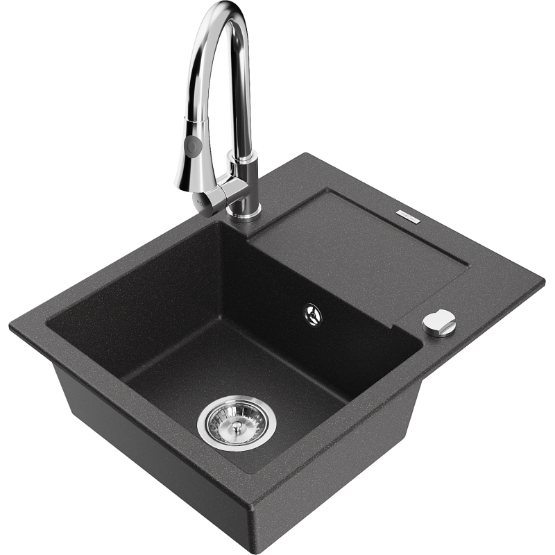 Mexen Enzo 1-compartment granite sink with a drip tray and kitchen mixer tap Elia, spotted black - 6506-76-670101-00