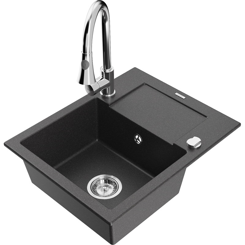 Mexen Enzo granite single-bowl sink with drainer and Elia kitchen faucet, speckled black - 6506-76-670101-00