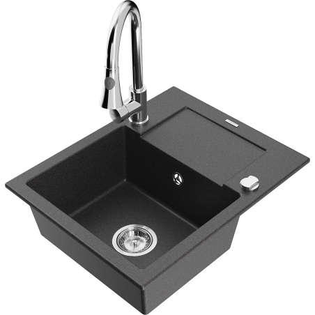 Mexen Enzo 1-bowl granite sink with drainer and Elia kitchen tap, black speckled - 6506-76-670101-00