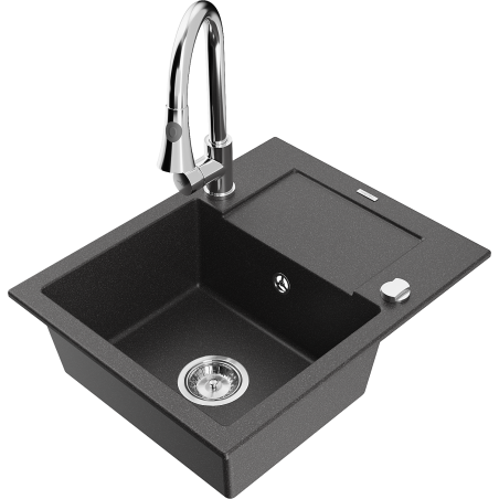 Mexen Enzo granite single-bowl sink with drainer and Elia kitchen faucet, speckled black - 6506-76-670101-00