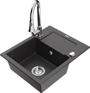 Mexen Enzo 1-compartment granite sink with a drip tray and kitchen mixer tap Elia, spotted black - 6506-76-670101-00