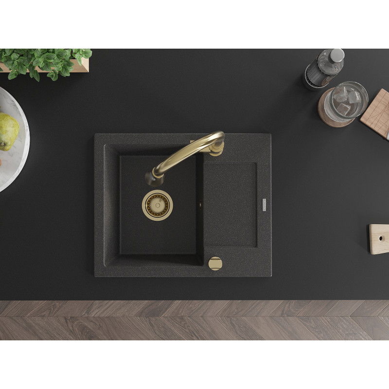 Mexen Enzo 1-bowl granite sink with drainer and Elia kitchen tap, black speckled - 6506-76-670101-50