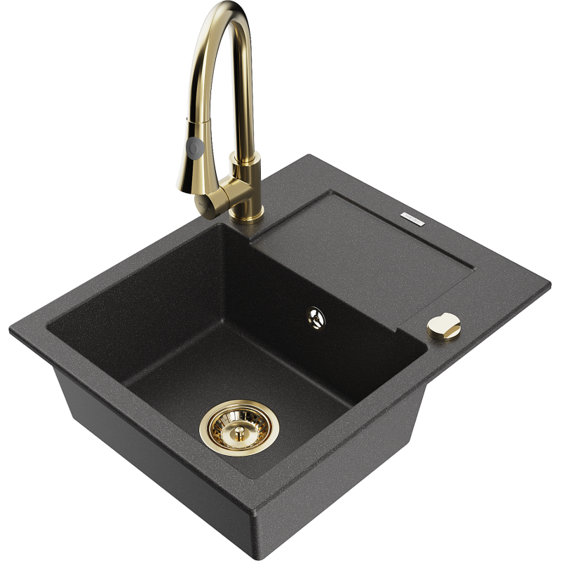 Mexen Enzo 1-bowl granite sink with drainer and Elia kitchen tap, black speckled - 6506-76-670101-50