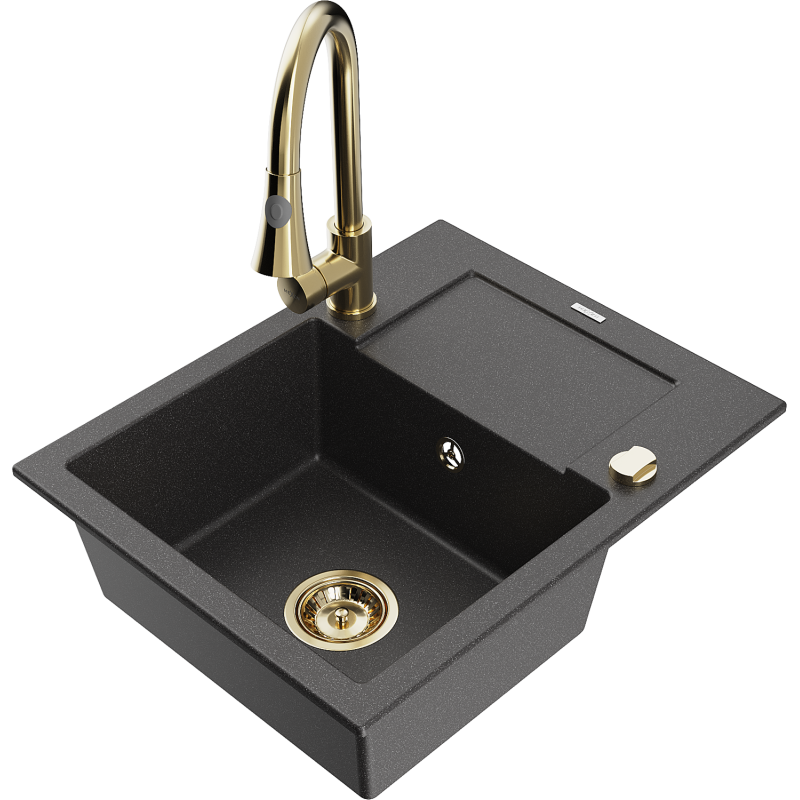 Mexen Enzo 1-compartment granite sink with a drip tray and kitchen mixer tap Elia, spotted black - 6506-76-670101-50