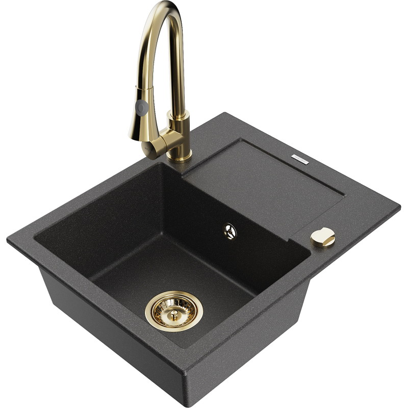 Mexen Enzo granite single-bowl sink with drainer and Elia kitchen faucet, speckled black - 6506-76-670101-50