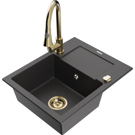 Mexen Enzo 1-bowl granite sink with drainer and Elia kitchen tap, black speckled - 6506-76-670101-50