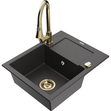 Mexen Enzo granite single-bowl sink with drainer and Elia kitchen faucet, speckled black - 6506-76-670101-50