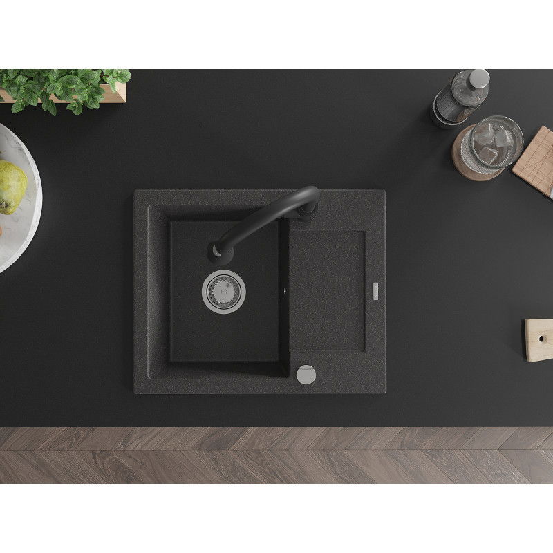 Mexen Enzo 1-bowl granite sink with drainer and Elia kitchen tap, black speckled - 6506-76-670101-70