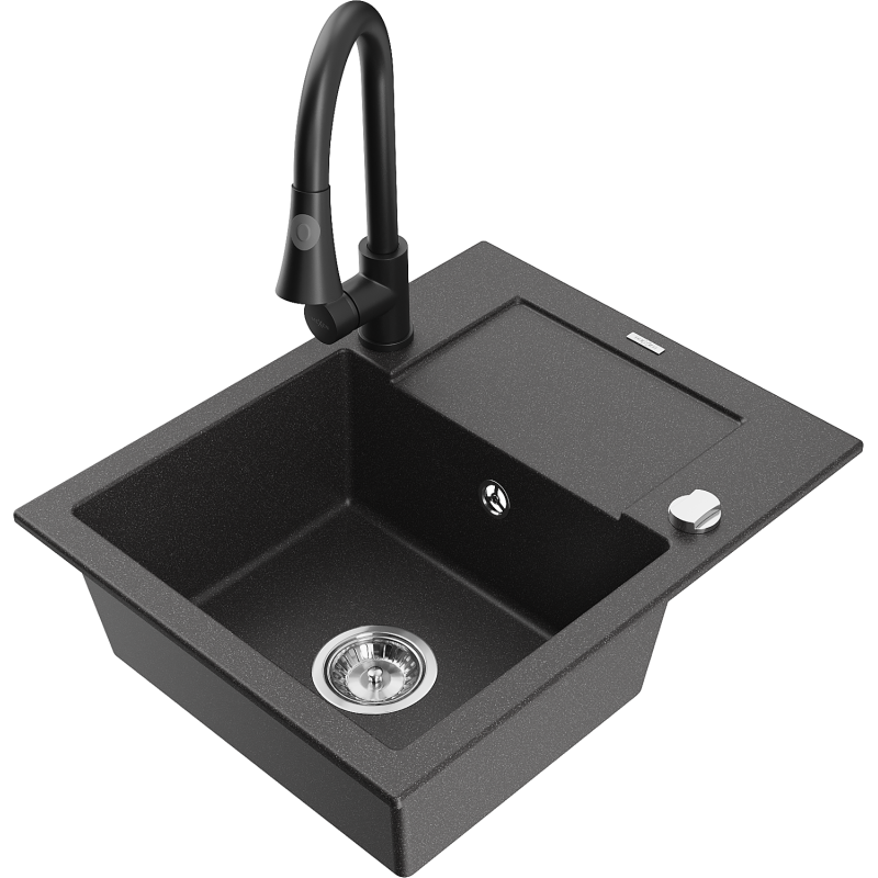 Mexen Enzo 1-bowl granite sink with drainer and Elia kitchen tap, black speckled - 6506-76-670101-70