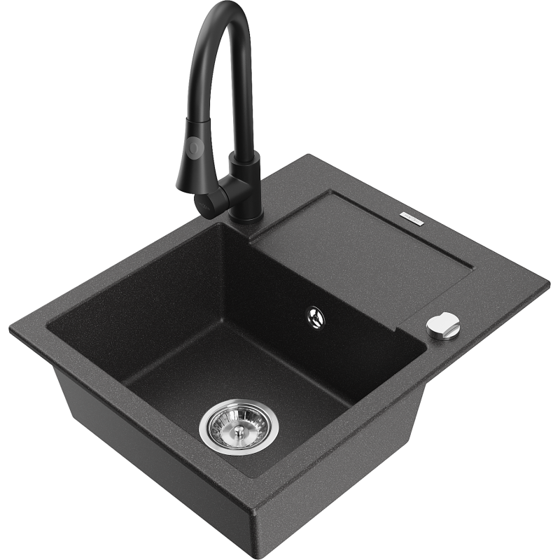 Mexen Enzo 1-compartment granite sink with a drip tray and kitchen mixer tap Elia, spotted black - 6506-76-670101-70