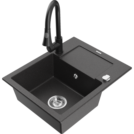 Mexen Enzo 1-bowl granite sink with drainer and Elia kitchen faucet, speckled black - 6506-76-670101-70
