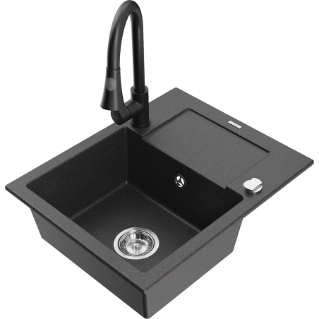 Mexen Enzo 1-bowl granite sink with drainer and Elia kitchen tap, black speckled - 6506-76-670101-70