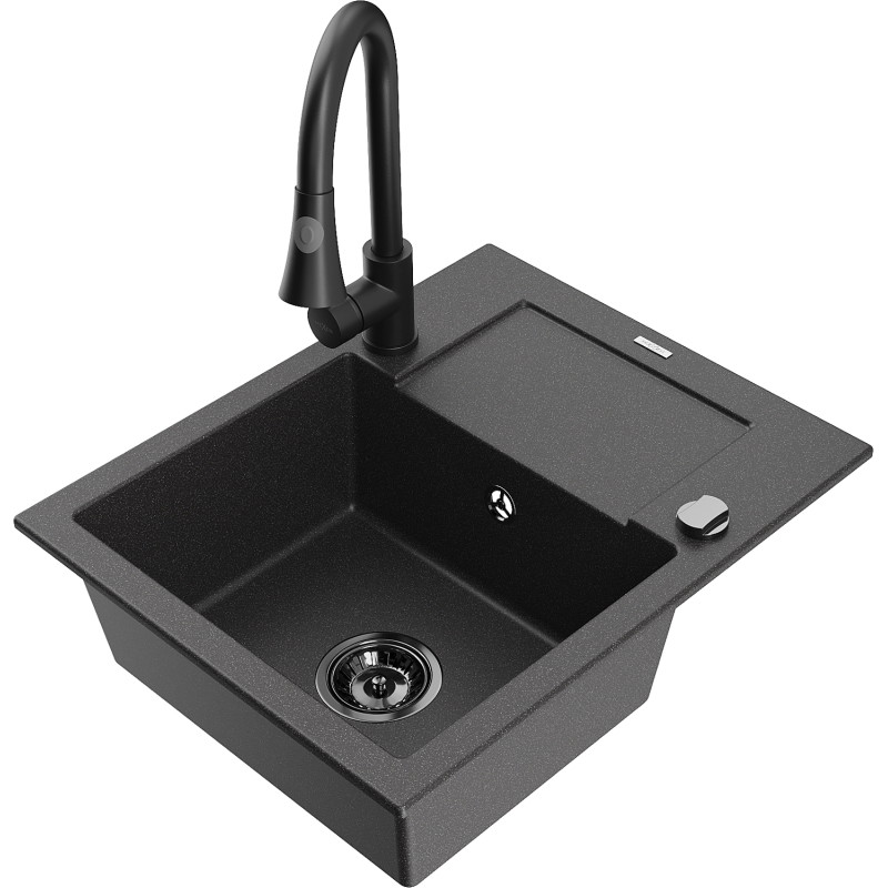 Mexen Enzo 1-bowl granite sink with drainer and kitchen faucet Elia, black speckled - 6506-76-670101-70-B