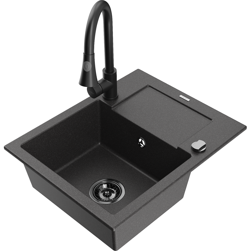 Mexen Enzo 1-compartment granite sink with a drip tray and kitchen mixer tap Elia, spotted black - 6506-76-670101-70-B