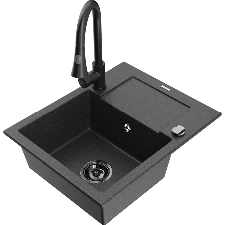 Mexen Enzo 1-bowl granite sink with drainer and kitchen faucet Elia, black speckled - 6506-76-670101-70-B