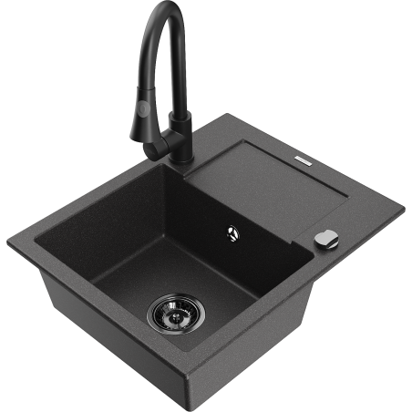 Mexen Enzo granite sink 1-bowl with drainer and Elia kitchen tap, black speckled - 6506-76-670101-70-B