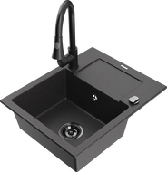 Mexen Enzo 1-bowl granite sink with drainer and kitchen faucet Elia, black speckled - 6506-76-670101-70-B