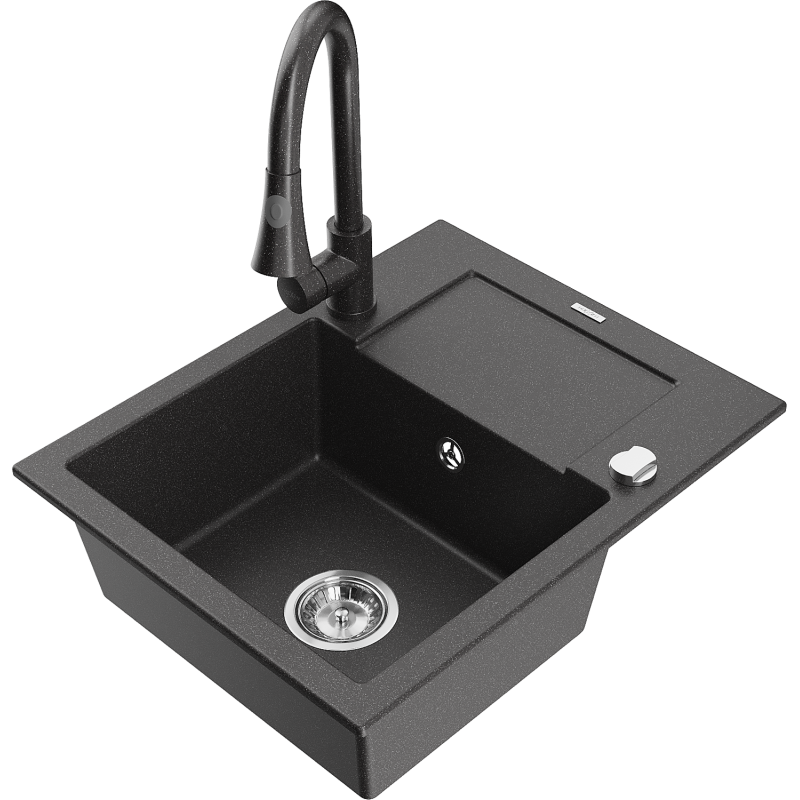 Mexen Enzo 1-compartment granite sink with a drip tray and kitchen mixer tap Elia, spotted black - 6506-76-670101-76