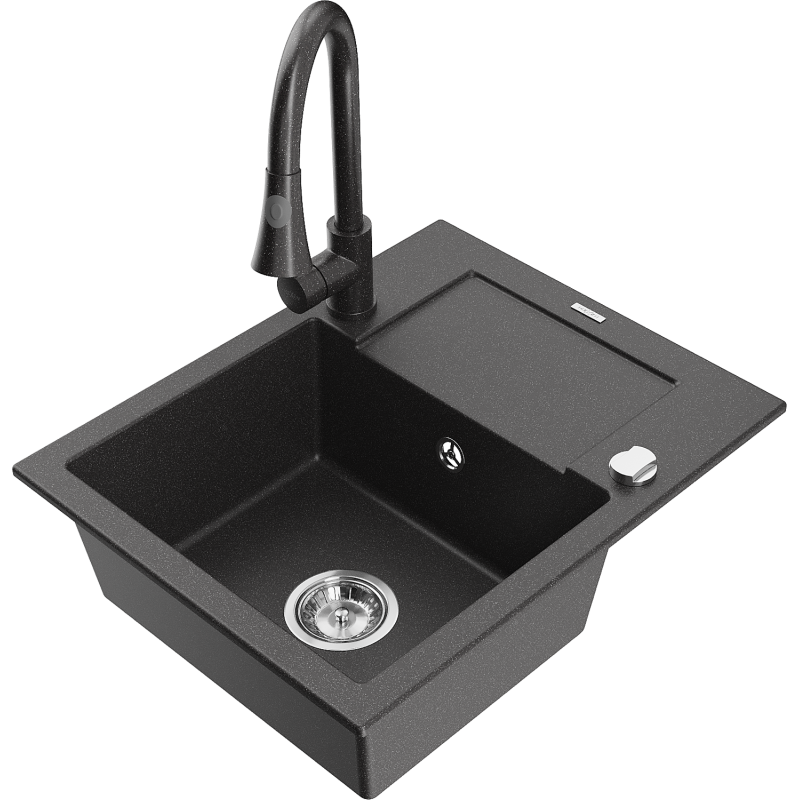 Mexen Enzo granite sink 1-bowl with drainer and Elia kitchen tap, speckled black - 6506-76-670101-76