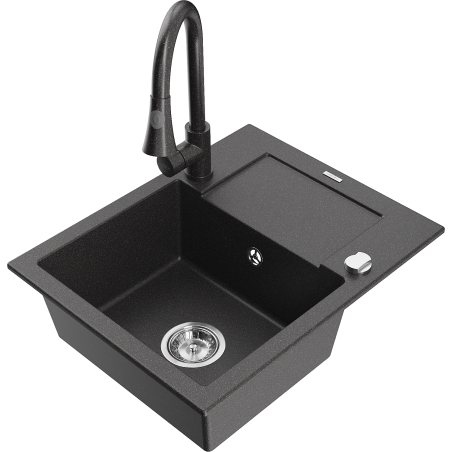 Mexen Enzo granite sink 1-bowl with drainer and Elia kitchen tap, speckled black - 6506-76-670101-76