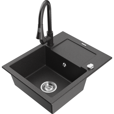 Mexen Enzo single-bowl granite sink with drainer and Elia kitchen faucet, black speckled - 6506-76-670101-76