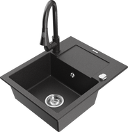 Mexen Enzo single-bowl granite sink with drainer and Elia kitchen faucet, black speckled - 6506-76-670101-76
