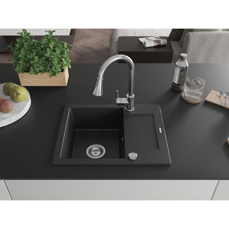 Mexen Enzo granite sink 1-bowl with drainer and Elia kitchen tap, black - 6506-77-670101-00