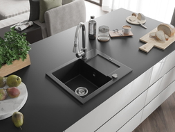 Mexen Enzo granit sink 1-bowl with drainer and kitchen faucet Elia, black - 6506-77-670101-00