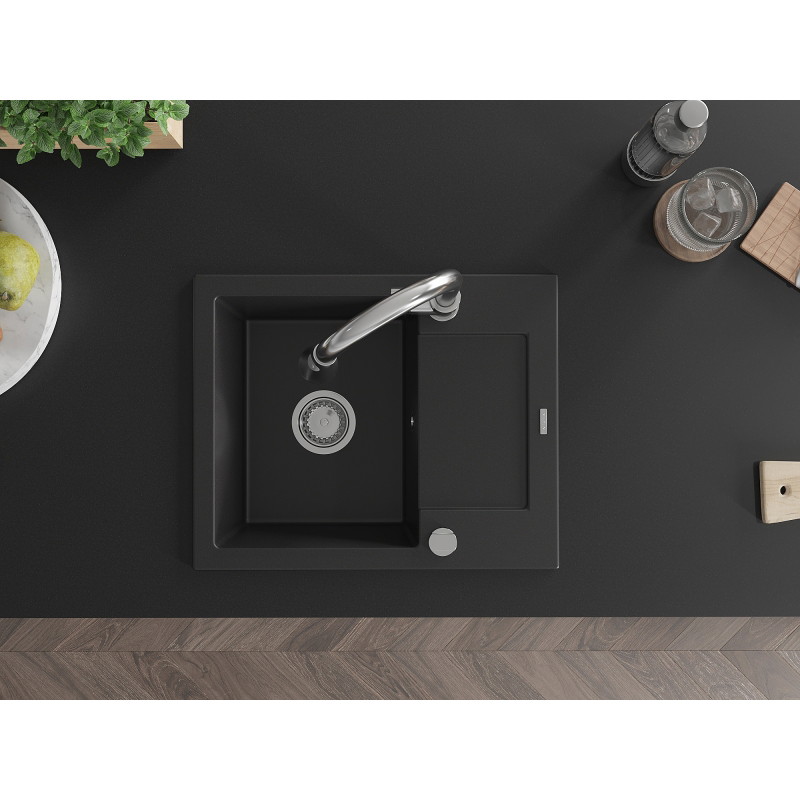 Mexen Enzo granite kitchen sink 1-bowl with drainer and Elia kitchen faucet, black - 6506-77-670101-00