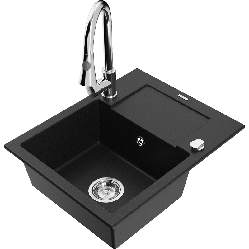 Mexen Enzo 1-compartment granite sink with a drip tray and kitchen mixer tap Elia, Black - 6506-77-670101-00