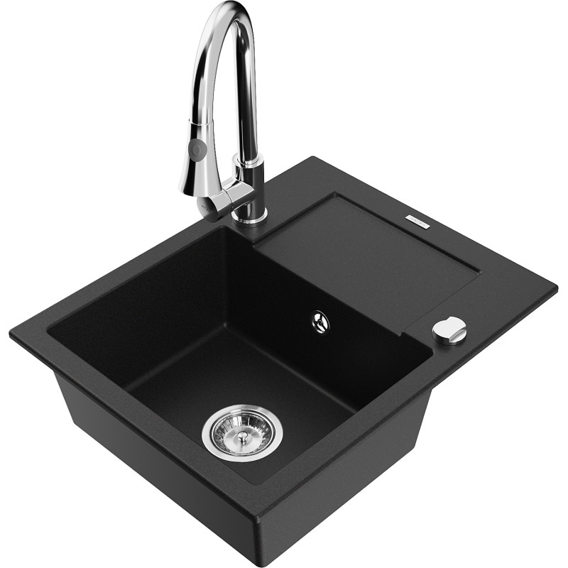 Mexen Enzo granit sink 1-bowl with drainer and kitchen faucet Elia, black - 6506-77-670101-00