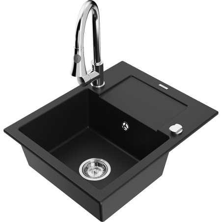 Mexen Enzo 1-compartment granite sink with a drip tray and kitchen mixer tap Elia, Black - 6506-77-670101-00