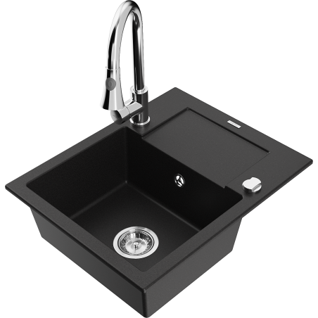 Mexen Enzo granite sink 1-bowl with drainer and Elia kitchen tap, black - 6506-77-670101-00