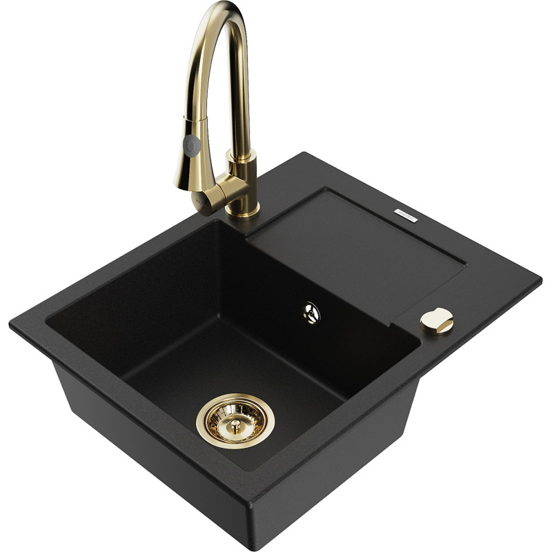 Mexen Enzo 1-bowl granite sink with drainer and Elia kitchen faucet, black - 6506-77-670101-50