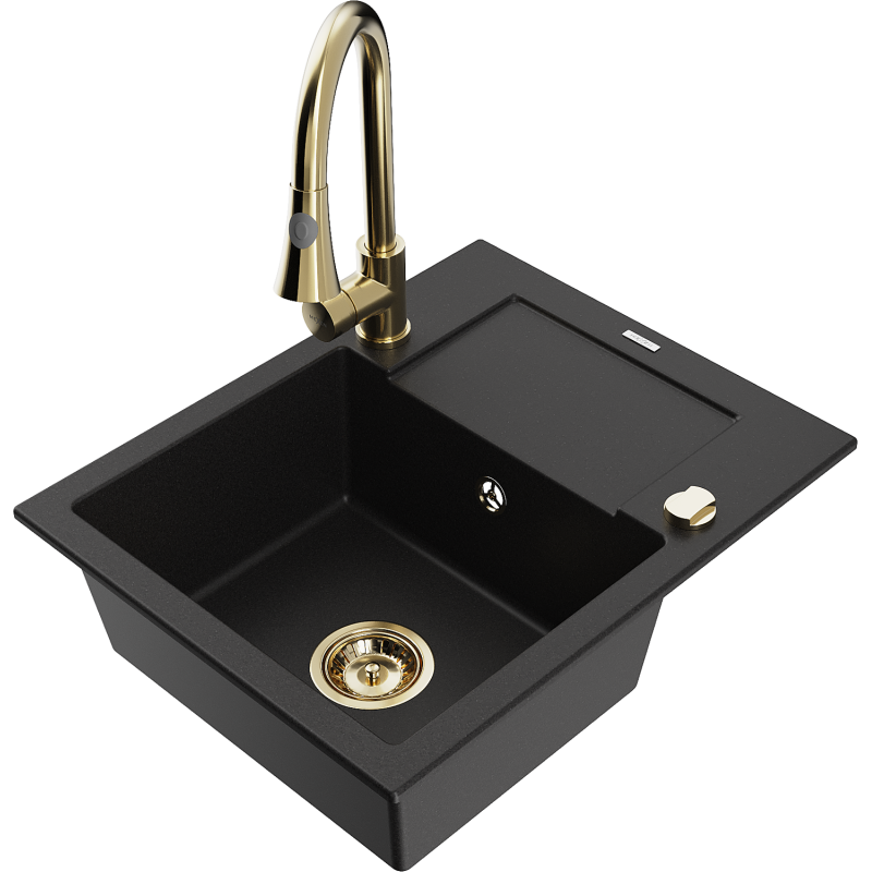 Mexen Enzo 1-compartment granite sink with a drip tray and kitchen mixer tap Elia, Black - 6506-77-670101-50