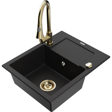 Mexen Enzo granite sink 1-bowl with drainer and Elia kitchen tap, black - 6506-77-670101-50