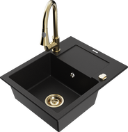 Mexen Enzo 1-compartment granite sink with a drip tray and kitchen mixer tap Elia, Black - 6506-77-670101-50