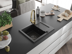Mexen Enzo 1-compartment granite sink with a drip tray and kitchen mixer tap Elia, Black - 6506-77-670101-50-B
