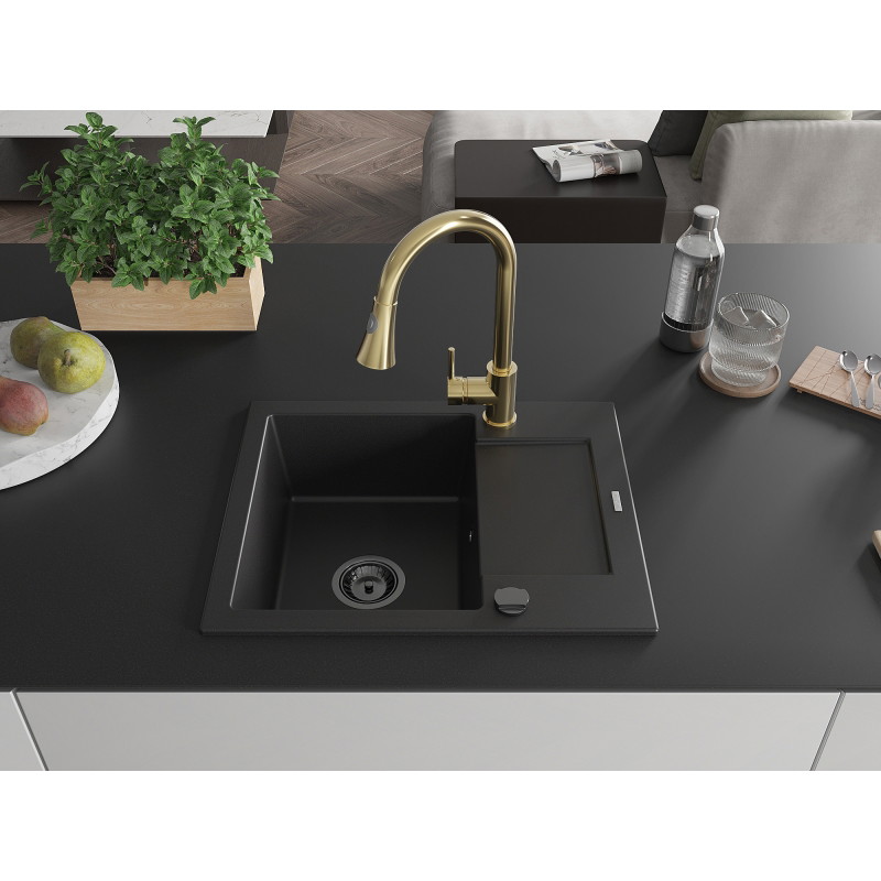 Mexen Enzo 1-bowl granite kitchen sink with drainer and Elia faucet, black - 6506-77-670101-50-B