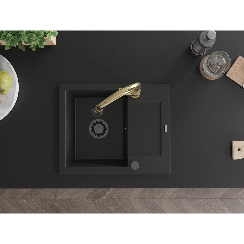 Mexen Enzo granite sink 1-bowl with drainer and Elia kitchen faucet, black - 6506-77-670101-50-B
