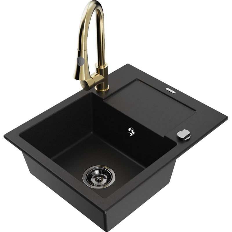 Mexen Enzo 1-compartment granite sink with a drip tray and kitchen mixer tap Elia, Black - 6506-77-670101-50-B