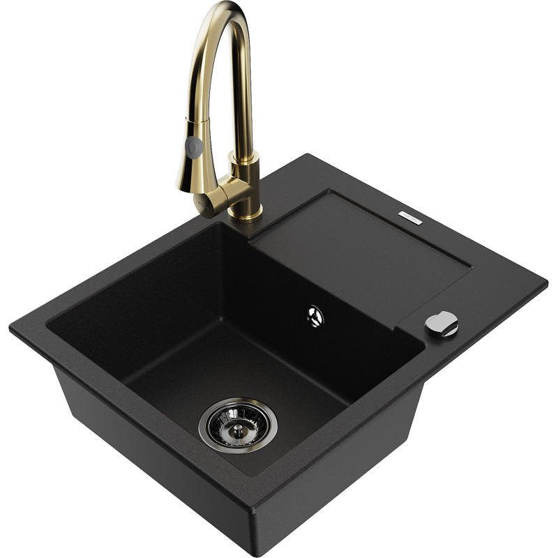 Mexen Enzo granite kitchen sink single-bowl with drainer and Elia kitchen tap, black - 6506-77-670101-50-B
