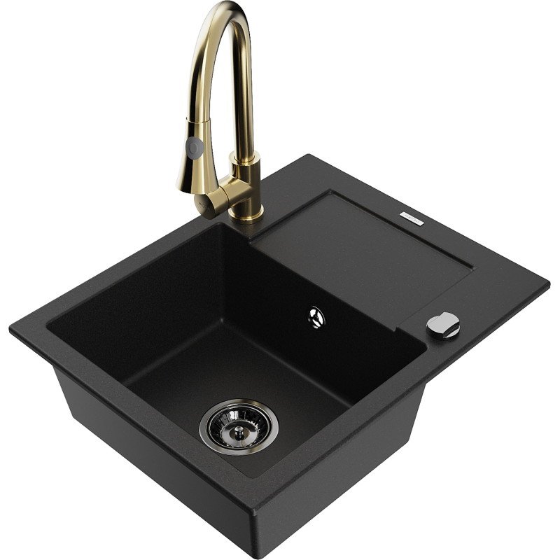 Mexen Enzo granite sink 1-bowl with drainer and Elia kitchen faucet, black - 6506-77-670101-50-B